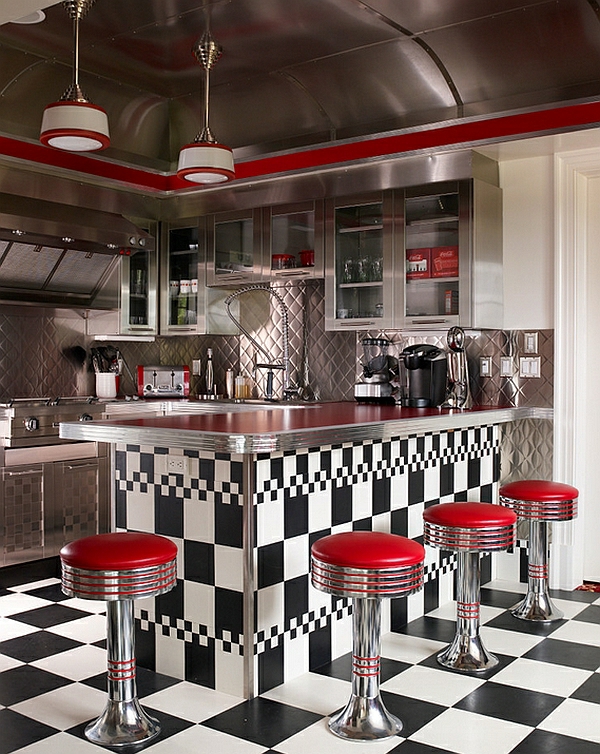 retro keuken schaakmat rode barkruk