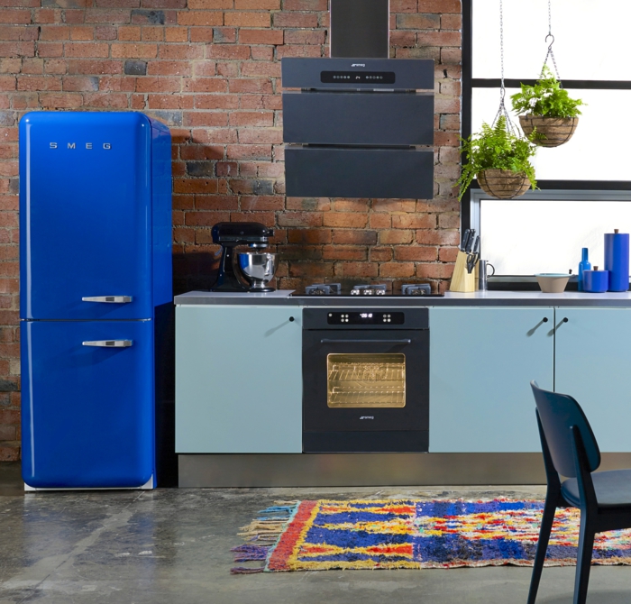 retro lednice modrý barevný koberec krásné kuchyňské skříňky visící rostliny