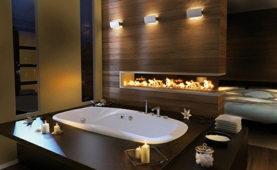 romantische badkamer met moderne open haard