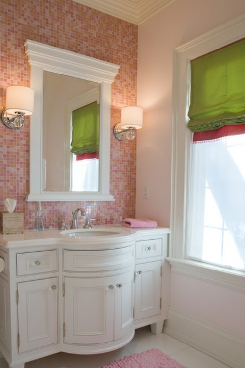 Ροζ σχεδιάσματα μπάνιου θηλυκό παστέλ μωσαϊκό πλακάκια τοίχου καθρέφτη