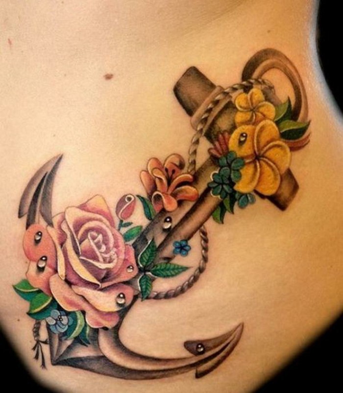 玫瑰锚纹身图案女性纹身的想法