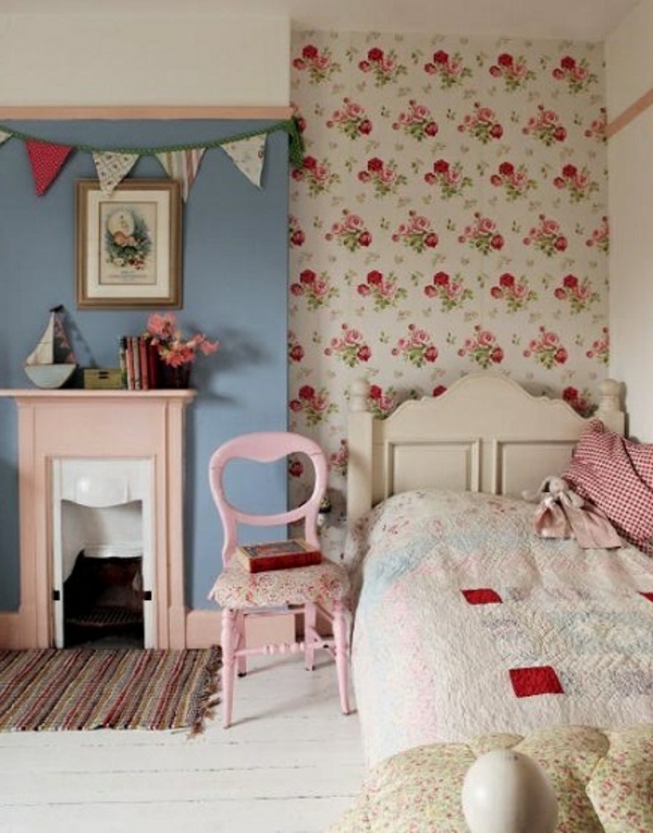 růžová tapeta ložnice country style furniture
