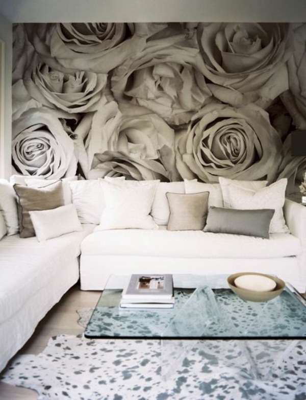 rose wallpaper living room wall design fur rug