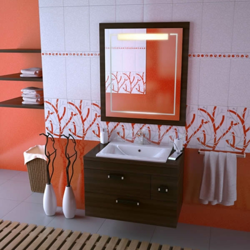 红色的浴室瓷砖墙设计木镜框水槽