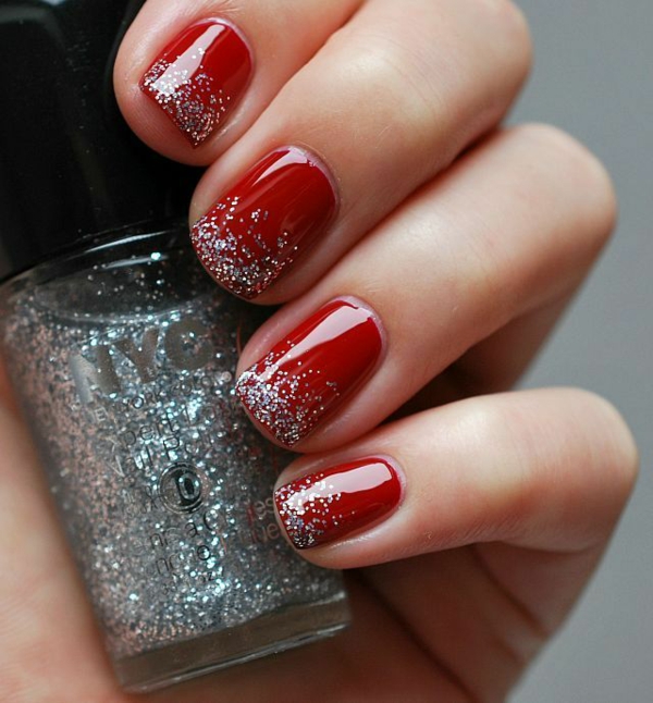 red gel nails painted Christmas fingernails glitter