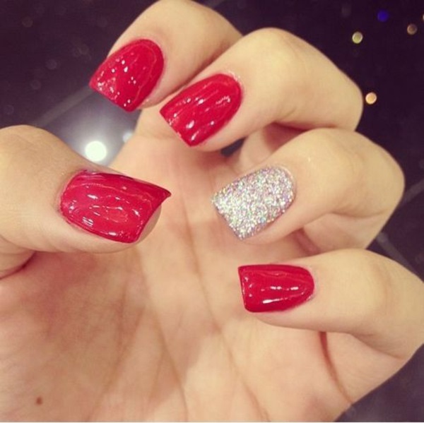 red gel nails painted for Christmas red fingernails silver