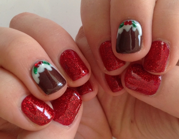red gel nails at Christmas red fingernails motifs brown