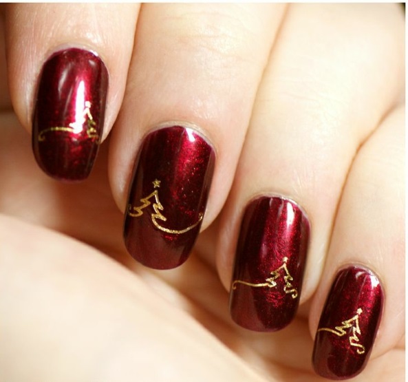κόκκινα νύχια πηκτώματος για τα Χριστούγεννα κόκκινα νύχια μοτίβα χρυσή χριστουγεννιάτικο δέντρο