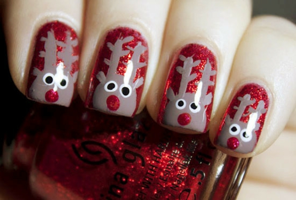 red gel nails for christmas red fingernails motive deer
