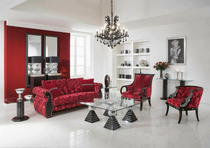 røde sofaer luksuriøse opholdsstue glas sofabord