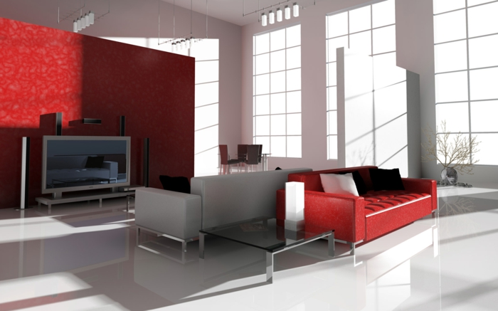 røde sofaer stue rødt accent væg glas sofabord
