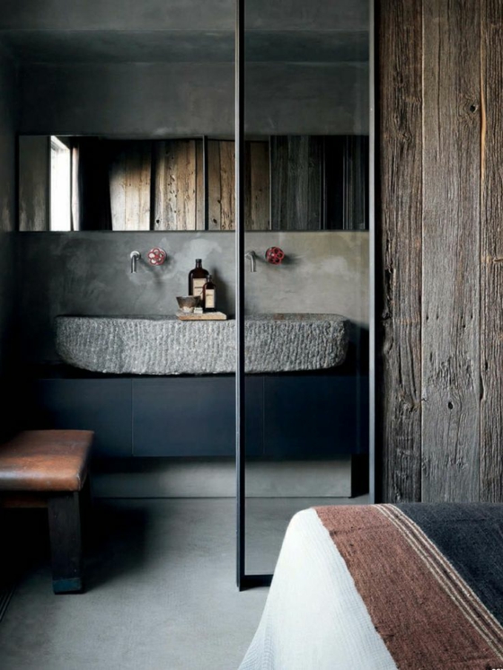 ρουστίκ πέτρινο ξύλο νεροχύτη γυάλινη πόρτα μπάνιο μπάνιο