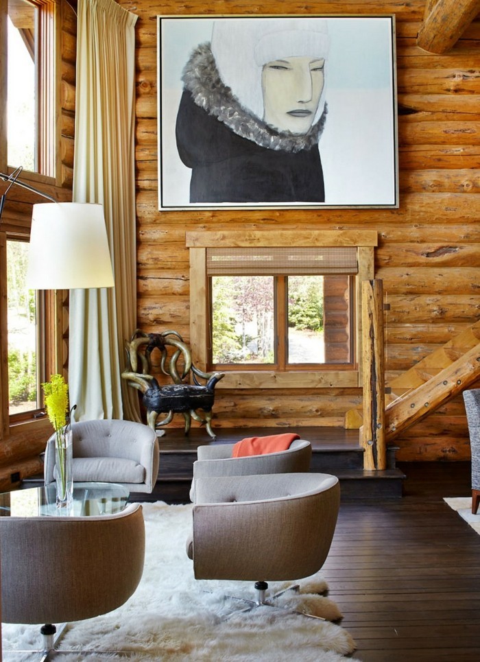 Paneles de pared de madera rústica en la sala de estar