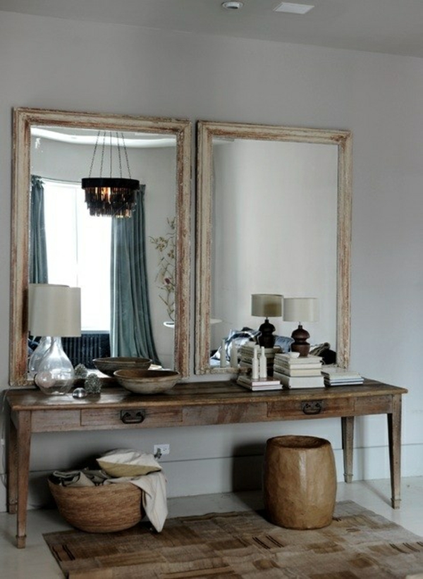 ρουστίκ ιδέες διαβίωσης για το καθρέφτη διάδρομο ξύλινο τραπέζι πίνακα