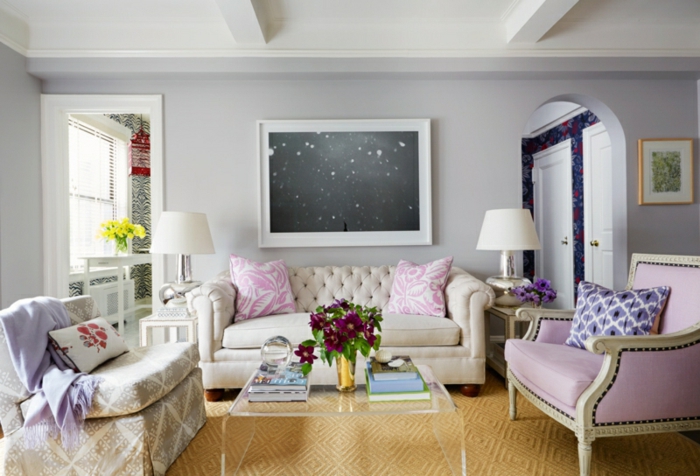 gražių sienų spalvų idėjos, svetainės sienų dažai violetinė pilka