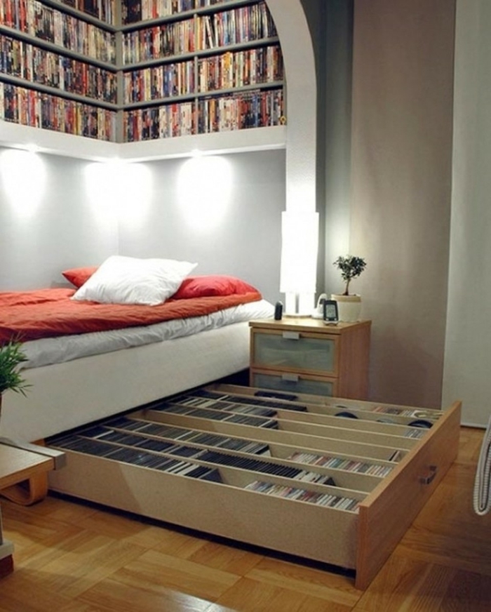 أفكار المعيشة الجميلة لمزيد من السرير الفاخر مع مساحة التخزين
