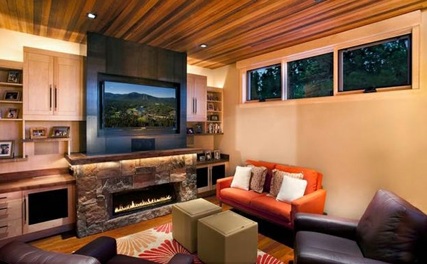 innred levende stil stilig stue avføring oransje dobbel sofa