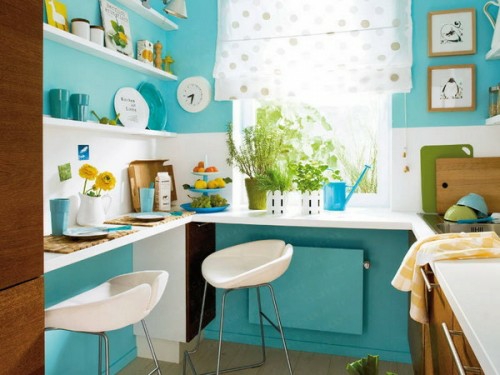 ideas de diseño chic pequeña cocina azul acogedor