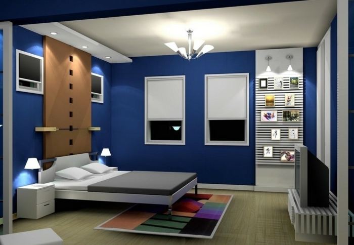 dormitorio azul luces empotradas alfombra de colores