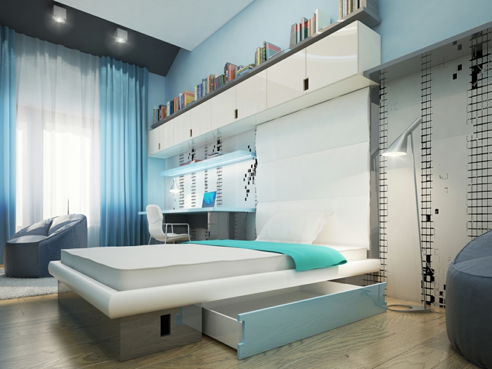 dormitorio azul paredes brillantes cortinas frescas cama de almacenamiento