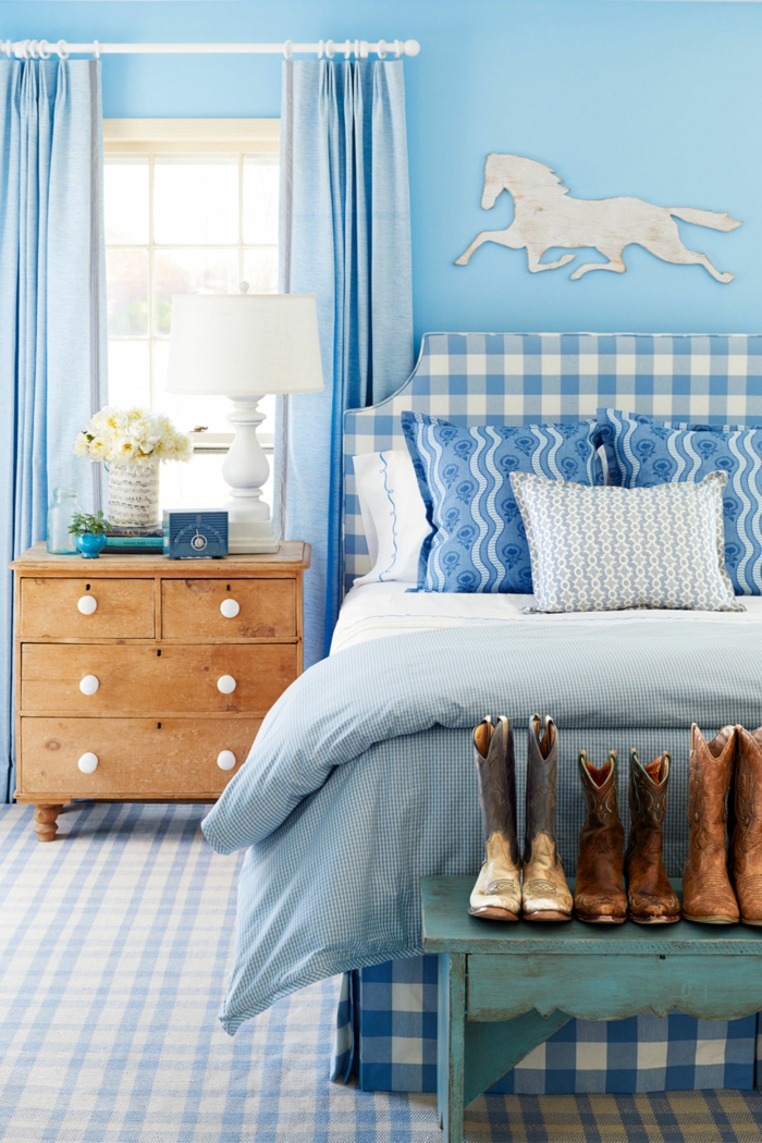 patrón de cuadros azul dormitorio rústico dormitorio cojín de banco