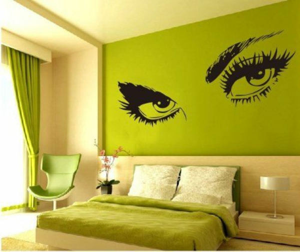 dormitorio pared diseño ojos patrón verde