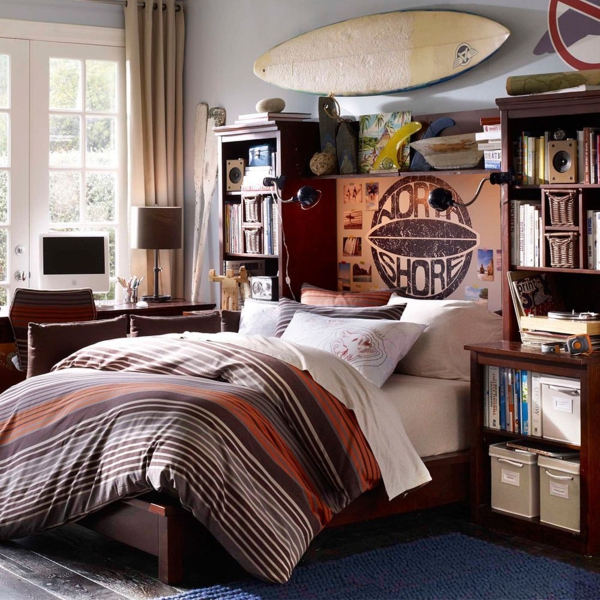 diseño de dormitorio habitación de niño marrón oscuro azul