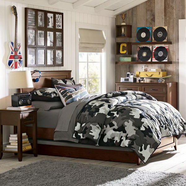 dormitorio diseño chico habitación marco luz azul alfombra tablones de madera
