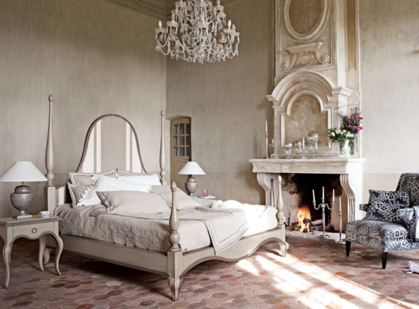 slaapkamer ontwerp shabby chic stijl elegante open haard