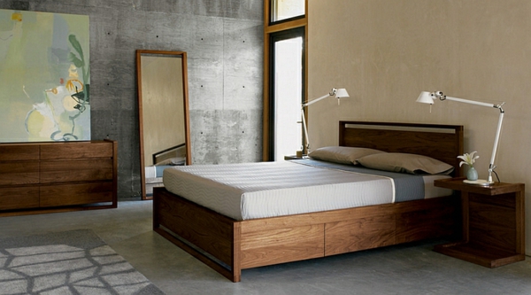 dormitor set asia beton aspect perete lemn de nuc