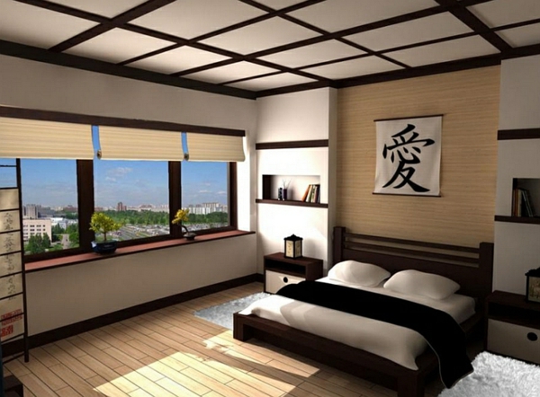 slaapkamer opgemaakt Azië laag bed venster rollen