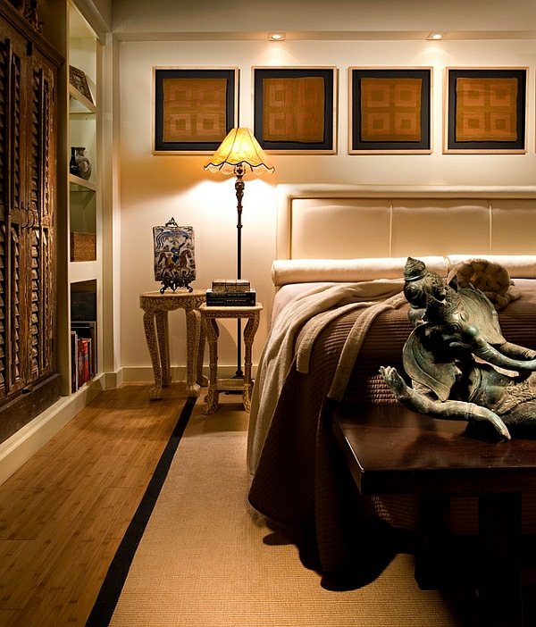 bedroom set up asian wood carving statues