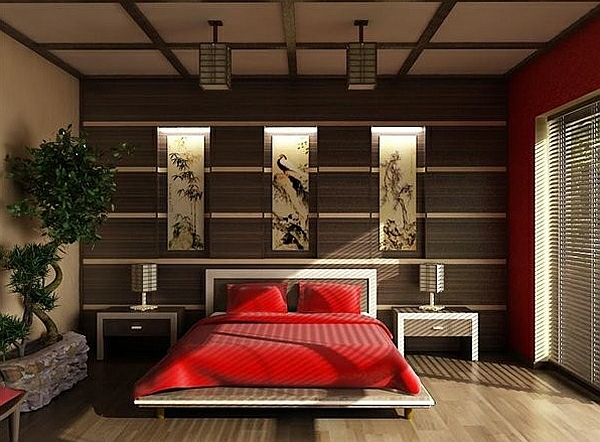 bedroom set up asian red velvet bedspread