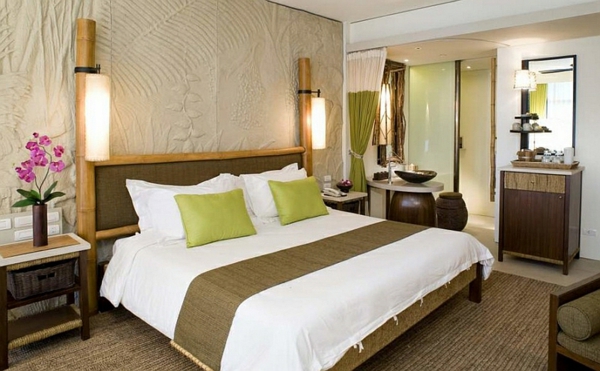 dormitor mobilat cu pat dublu de bambus