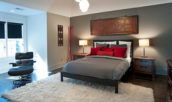 bedroom high pile carpet red pillows