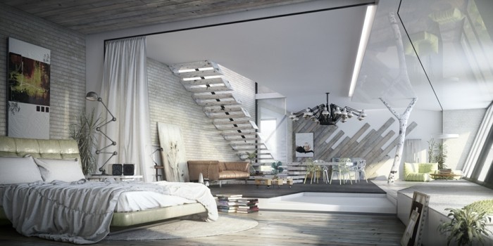 Miegamajame įrengta pramoninė miegamoji erdvė ryškiomis spalvomis