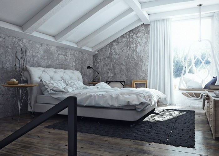miegamasis su miegamuoju inustriales, gražus sienų dizainas