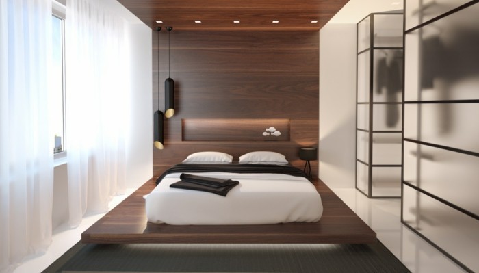 Υπνοδωμάτιο με κρεμαστά φωτιστικά και πλωτό κρεβάτι