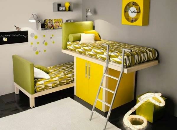 soveværelse til børn form gul møbler sengskabe
