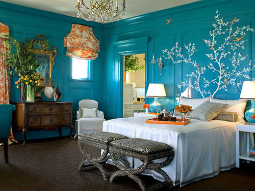 dormitorio tatuaje treetop colores pared turquesa cama