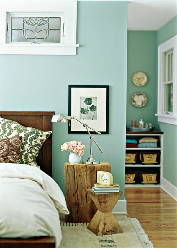makuuhuone värimallit minttu vihreä seinä maali seinä suunnittelu puuhuonekalut