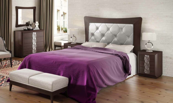 soveværelse sølv glans læder hovedgærde seng bænk lilla sengetæppe munozmuebles.net