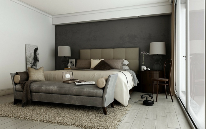 спалня сиво бежово килим спалня пейка сиво акцент стена