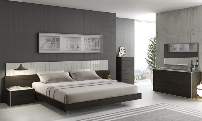 спалня сив елегантен килим прохладна висяща лампа