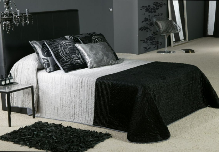 спалня сиво сиви стени черно легло табла