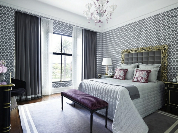 bedroom headboard gray frame golden curtains Cool curtains ideas