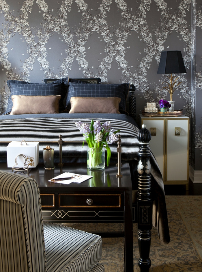 bedroom wallpaper elegant flowers stripes armchair