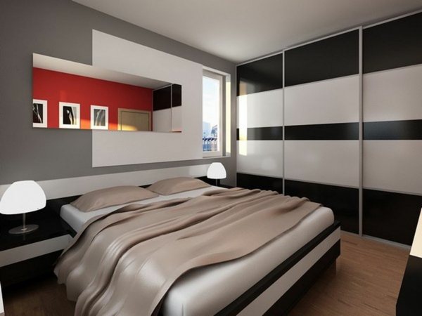 υπνοδωμάτιο τοίχο χρώμα γκρι χαλί κλασικό χρώμα ανάμειξη έγχρωμη προφορά κόκκινο