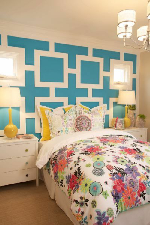 υπνοδωμάτιο τοίχο σχεδιασμός κασέτες τοίχου μπλε κλινοσκεπάσματα πολύχρωμα