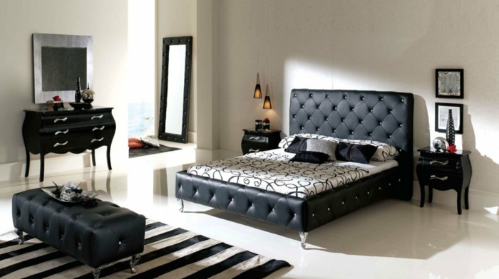 卧室家具黑色长凳皮革条纹地毯